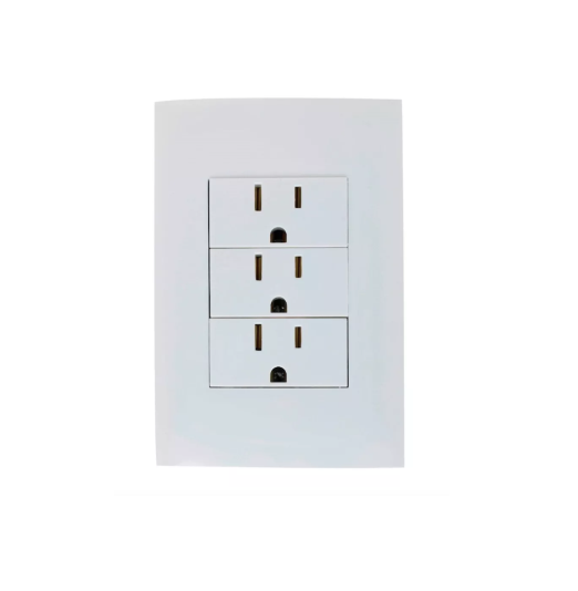 3 TOMACORRIENTES  POLARIZADO CON TIERRA 15A 125-250V CON PLACA CIEN 3 MODULOS LEVITON