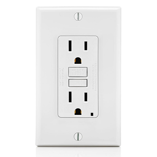 15 A, RECEPTÁCULO/TOMACORRIENTE DE 125 V, ALIMENTACIÓN CONTINUA DE 20 A, ICFT DE AUTOVERIFICACIÓN SMARTLOCKPRO DELGADO, MONOCROMÁTICO, CABLEADO POSTERIOR Y LATERAL, PLACA FRONTAL/PLACA DE PARED DE NYLON Y CLIP DE PUESTA A TIERRA AUTOMÁTICO INCLUIDOS – BLANCO DECORA LEVITON