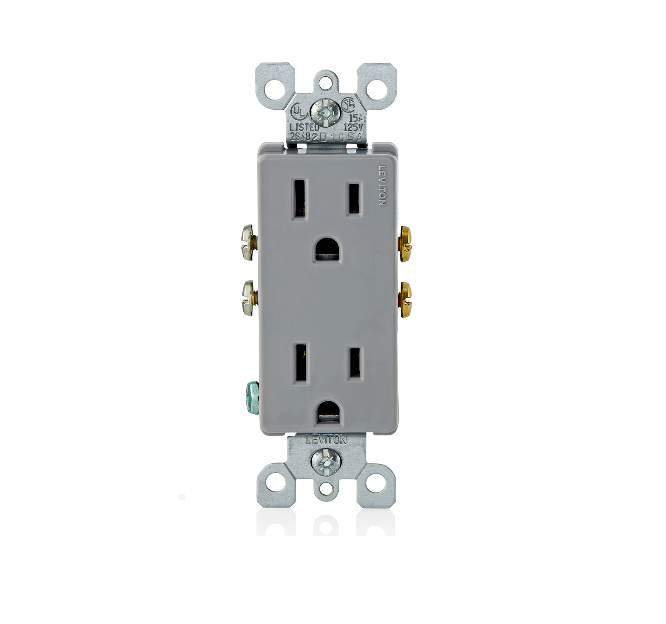 15 A, 125 V, NEMA 5-15 R, 2 POLOS, 3 HILOS, TOMACORRIENTE DÚPLEX DECORA, HOJA RECTA, GRADO RESIDENCIAL, CONEXIÓN A TIERRA, QUICKWIRE A PRESIÓN Y CABLEADO LATERAL, SOPORTE DE ACERO - GRIS DECORA LEVITON