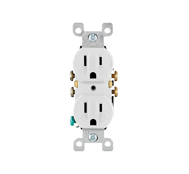 15 A, 125 V, NEMA 5-15R, 2P, 3W, TOMACORRIENTE DÚPLEX CON PESTAÑAS, HOJA RECTA, USO RESIDENCIAL, CONEXIÓN A TIERRA, TODOS LOS TORNILLOS SIN APRETAR, CON CABLEADO A PRESIÓN Y LATERAL QUICKWIRE, CORREA DE ACERO, - BLANCO LEVITON
