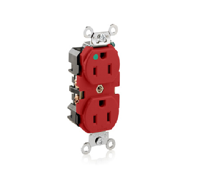 8200-R TOMACORRIENTE DÚPLEX/TOMACORRIENTE, GRADO HOSPITALARIO PARA TRABAJOS EXTRAPESADOS, SUPERFICIE SUAVE, 15 A, 125 V, CABLEADO POSTERIOR Y LATERAL, NEMA 5-15R, DOS POLOS, 3 CONDUCTORES, PUESTA A TIERRA AUTOMÁTICA - ROJO