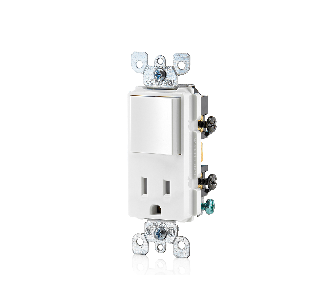 5625-W 15 A, 120 V, INTERRUPTOR DE COMBINACIÓN DE CA UNIPOLAR/5-15R DECORA, USO COMERCIAL, CONEXIÓN A TIERRA, CABLEADO LATERAL, - BLANCO LEVITON