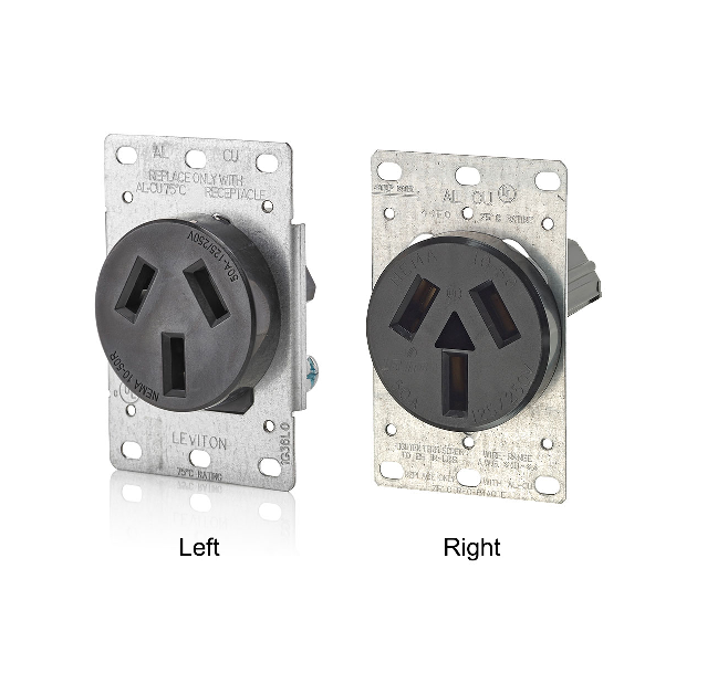 5206-S00 50 A, 125/250 V, NEMA 10-50R, 3P, 3W, TOMACORRIENTE DE MONTAJE EMPOTRADO, HOJA RECTA, GRADO INDUSTRIAL, SIN CONEXIÓN A TIERRA, AL-CU, CABLEADO LATERAL, CORREA DE ACERO: NEGRO LEVITON