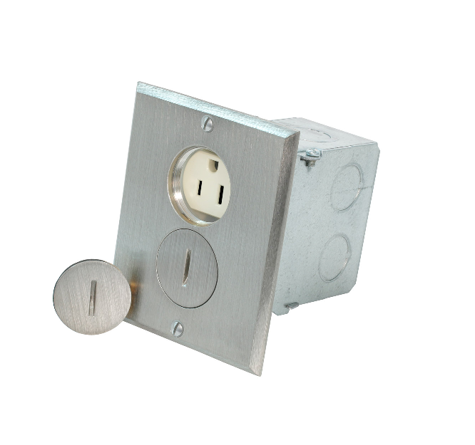 CAJA DE PISO PARA TOMACORRIENTE DOBLE  15 A, 125 V, NEMA 5-15R, 2P, 3W, R HOJA RECTA, USO COMERCIAL, PUESTA A TIERRA AUTOMÁTICA NIQUEL LEVITON