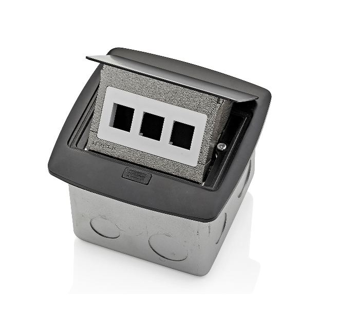 CAJA DESPLEGABLE PARA PISO CON INSERTO QUICKPORT DE 3 PUERTOS LEVITON