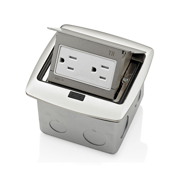CAJA DESPLEGABLE PARA PISO CON TOMACORRIENTE A PRUEBA DE MANIPULACIONES DE 15 A NIQUEL LEVITON