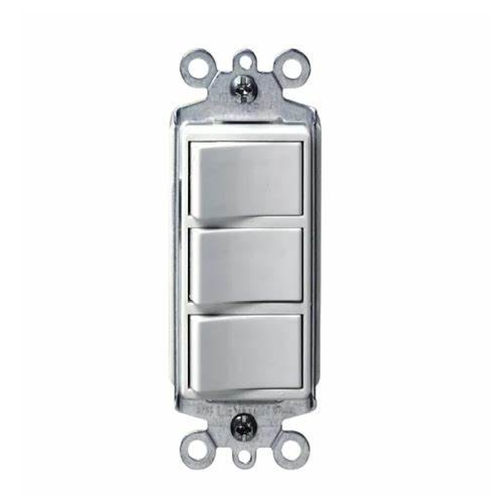 1755-W INTERRUPTOR TRIPLE DE COMBINACIÓN DE CA UNIPOLAR 15 A, 120/277 V,USO COMERCIAL, CONEXIÓN A TIERRA, CABLEADO LATERAL BLANCO DECORA LEVITON