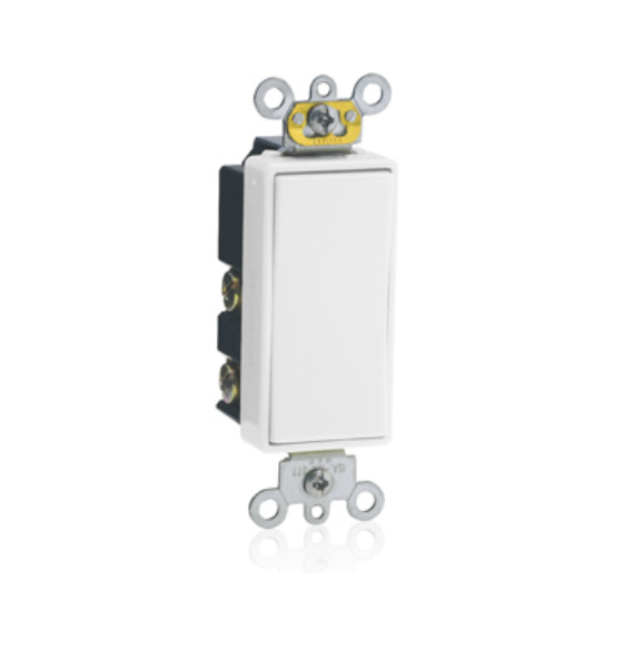 INTERRUPTOR SILENCIOSO DE CA DE UN POLO CON CONTACTO MOMENTÁNEO 15 A, 120/277 V,  CONTROL DE APAGADO Y DOS DIRECCIONES DECORA PLUS GRADO DE ESPECIFICACIÓN COMERCIAL, PUESTA A TIERRA AUTOMÁTICA, CABLEADO POSTERIOR Y LATERAL BLANCO