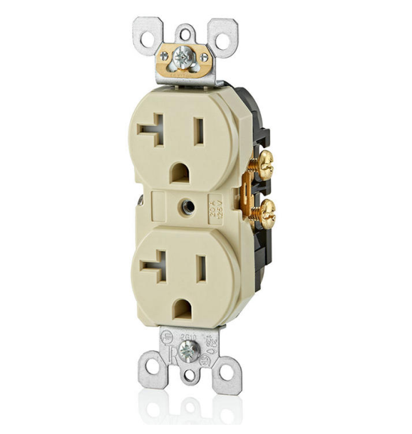 TOMACORRIENTE DOBLE 20 A 125 V NEMA 5-20R 2P 3W A PRUEBA DE MANIPULACIONES HOJA RECTA GRADO RESIDENCIAL PUESTA A TIERRA MARFIL LEVITON