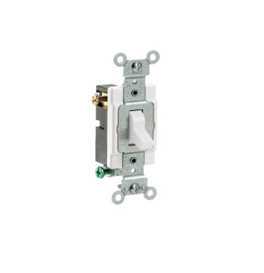 INTERRUPTOR DE PALANCA SILENCIOSO DE CA DE TRES VÍAS 15 A, 120/277 V GRADO DE ESPECIFICACIÓN COMERCIAL CONEXIÓN A TIERRA CABLEADO LATERAL BLANCO LEVITON