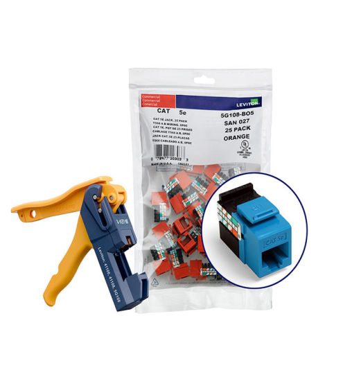 PAQUETE DE 150 DADOS CAT 5E GIGAMAX QUICKPORT COLOR AZUL. INCLUYE PONCHADORA LEVITON