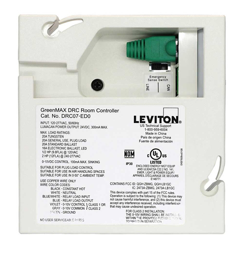 CONTROLADOR DE HABITACIÓN 120-277 VAC. 20A RELAY + 0-10V CONTROL. LUMACAN WI-FI GREENMAX DRC LEVITON