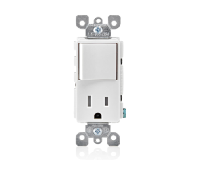 COMBINACIÓN DE INTERRUPTOR SIMPLE Y TOMACORRIENTE TR BLANCO DECORA LEVITON