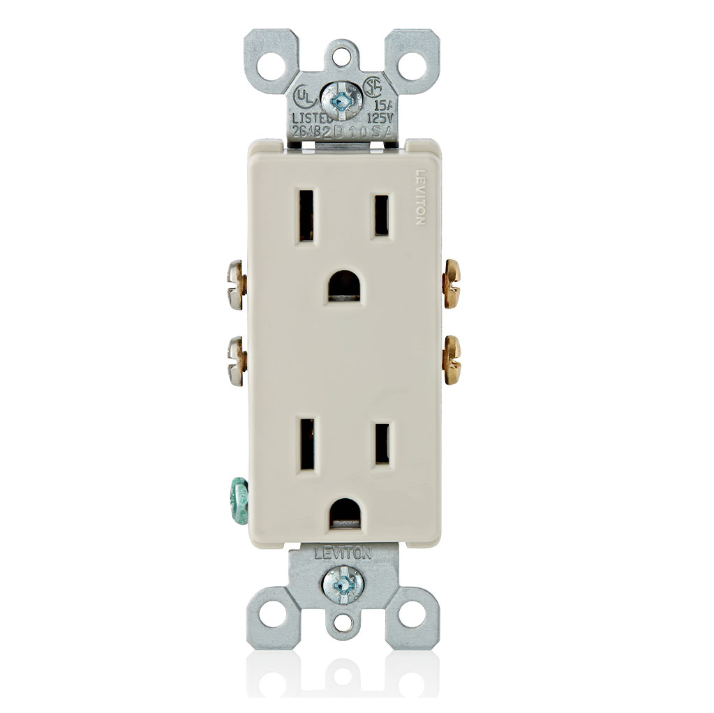 5325-T 15 A, 125 V, NEMA 5-15 R, 2 POLOS, 3 HILOS, TOMACORRIENTE DÚPLEX DECORA, HOJA RECTA, GRADO RESIDENCIAL, CONEXIÓN A TIERRA, QUICKWIRE A PRESIÓN Y CABLEADO LATERAL, SOPORTE DE ACERO - ALMENDRA CLARO DECORA LEVITON