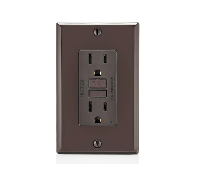 GFNT1-E 15 A, RECEPTÁCULO/TOMACORRIENTE DE 125 V, ALIMENTACIÓN CONTINUA DE 20 A, ICFT DE AUTOVERIFICACIÓN SMARTLOCKPRO DELGADO, MONOCROMÁTICO, CABLEADO POSTERIOR Y LATERAL, PLACA FRONTAL/PLACA DE PARED DE NYLON Y CLIP DE PUESTA A TIERRA AUTOMÁTICO INCLUIDOS – CAFE DECORA LEVITON