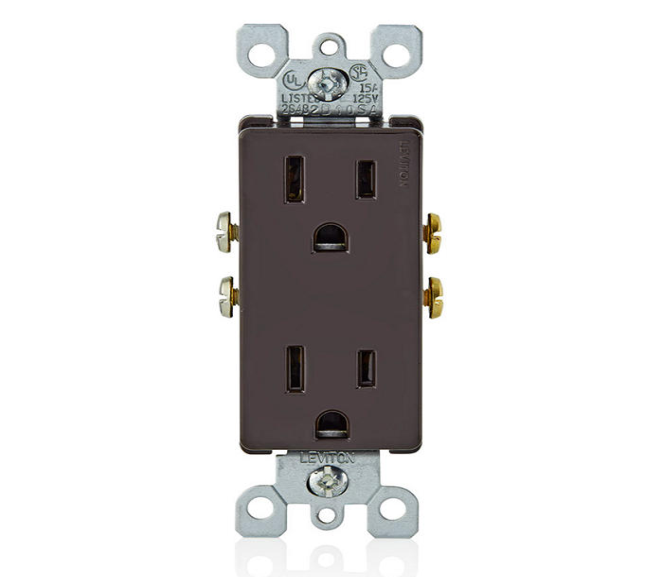 TOMACORRIENTE DOBLE DE 15 A, PUESTA A TIERRA AUTOMÁTICA, CAFÉ DECORA LEVITON