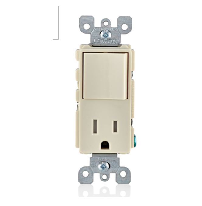 INTERRUPTOR DE COMBINACIÓN DE CA UNIPOLAR/5-15R DECORA, USO COMERCIAL, CONEXIÓN A TIERRA, CABLEADO LATERAL MARFIL