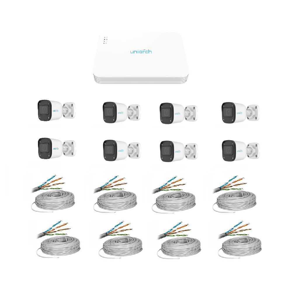 KIT COMBO IP, 8 CAMARAS IP 2 MP CON AUDIO, NVR DE 8 CH, CABLE UTP SIN DISCO