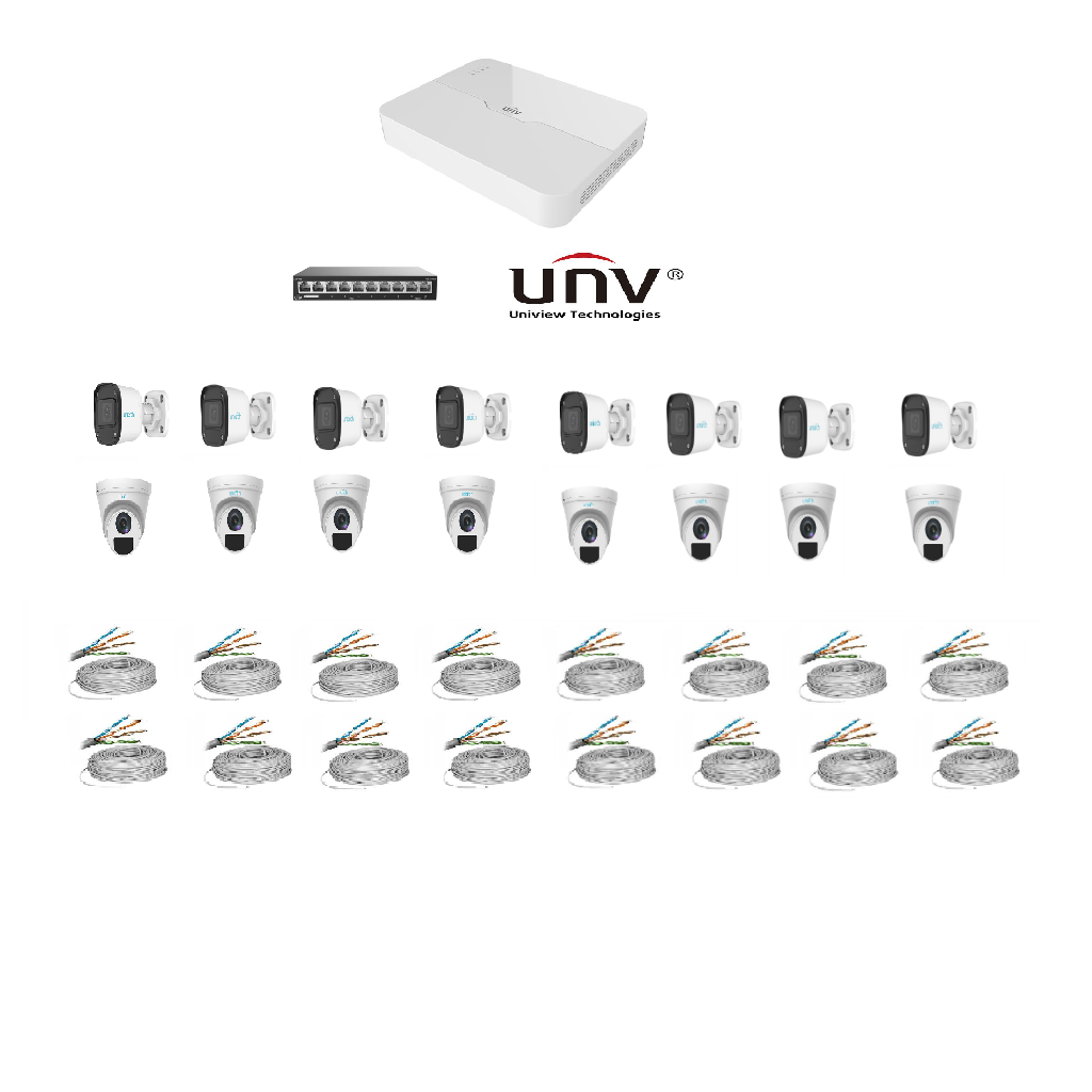 KIT COMBO IP, 8 CAMARAS IP BALA 2 MP CON AUDIO, Y 8 CAMARAS IP DOMO CON AUDIO  NVR DE 16 CH, CABLE UTP SIN DISCO