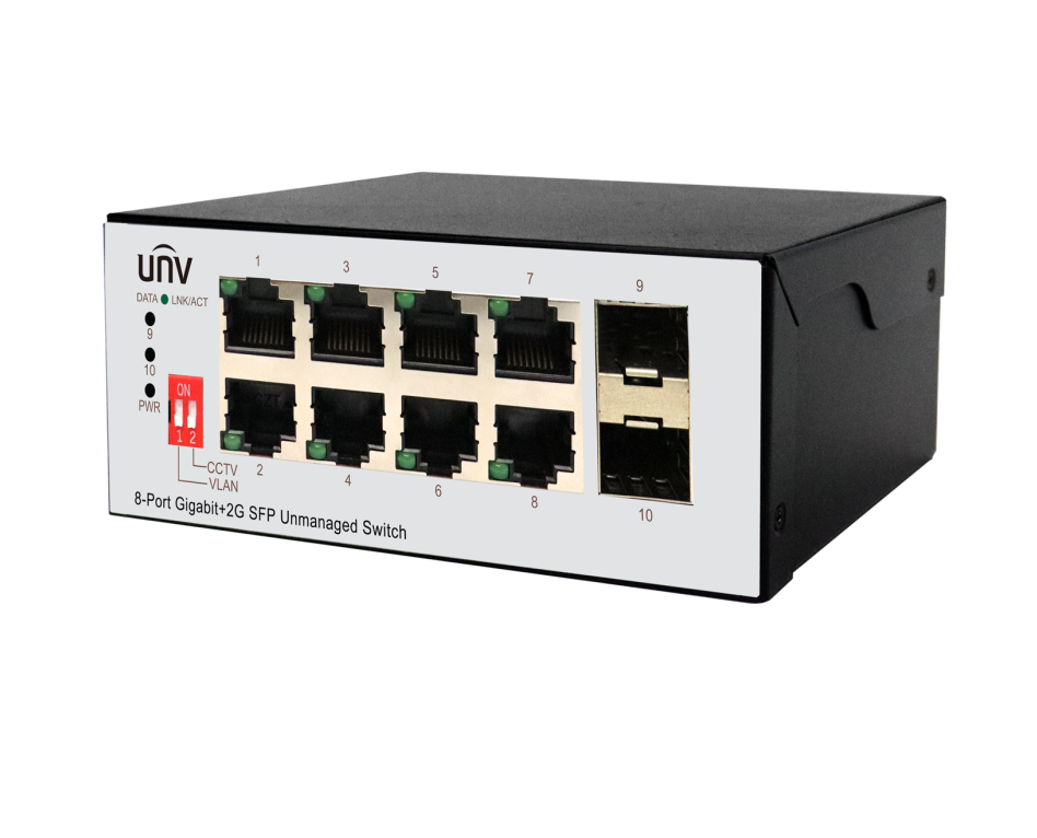 SWITCH NO GESTIONADO 8 PUEROTS PoE DE 10/100Mbps y 2 RANURAS DE FIBRA SFP de 1000Mbps. UNIVIEW
