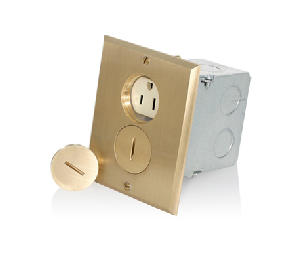 5249-SBA CAJA DE PISO PARA TOMACORRIENTE DOBLE  15 A, 125 V, NEMA 5-15R, 2P, 3W, R HOJA RECTA, USO COMERCIAL, PUESTA A TIERRA AUTOMÁTICA BRASS/MARFIL LEVITON